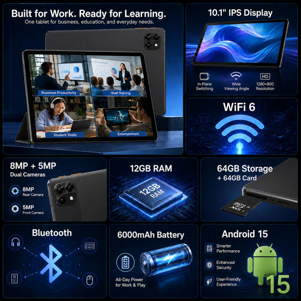 Android 15 Tablet, Octa-core 12GB RAM + 64GB + 64GB Card K182