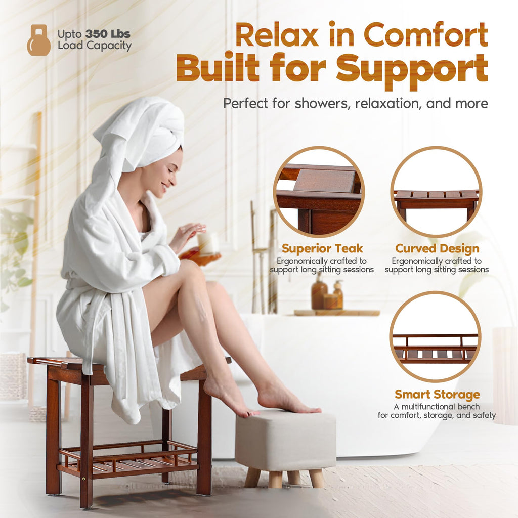 21" Teak Shower Bench with Storage Shelf E2360