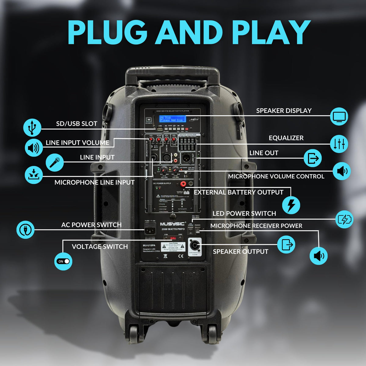 15" 2000W Portable PA Speaker System with Wireless Microphones O534763