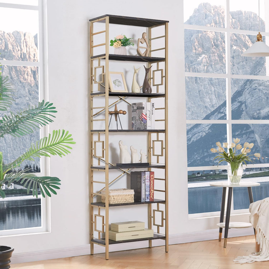 7-Tier Black Gold Metal Bookcase N9364