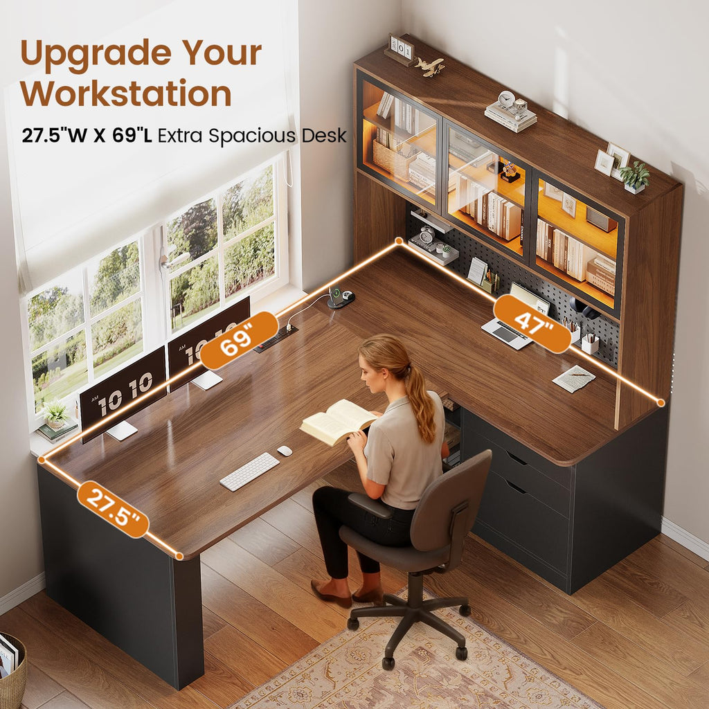 L Shaped Computer Desk with Drawer and Bookshelf O596374