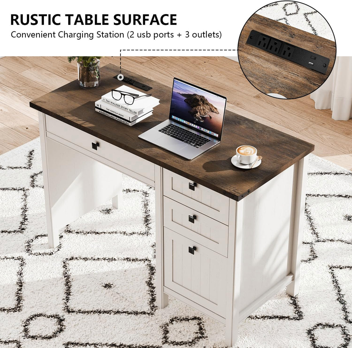 White Desk with Outlets & File Drawer D842702