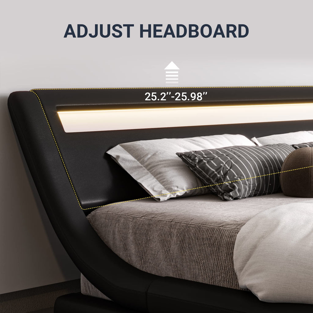 Queen Size LED Platform Bed Frame with Adjustable Headboard, Black N451069