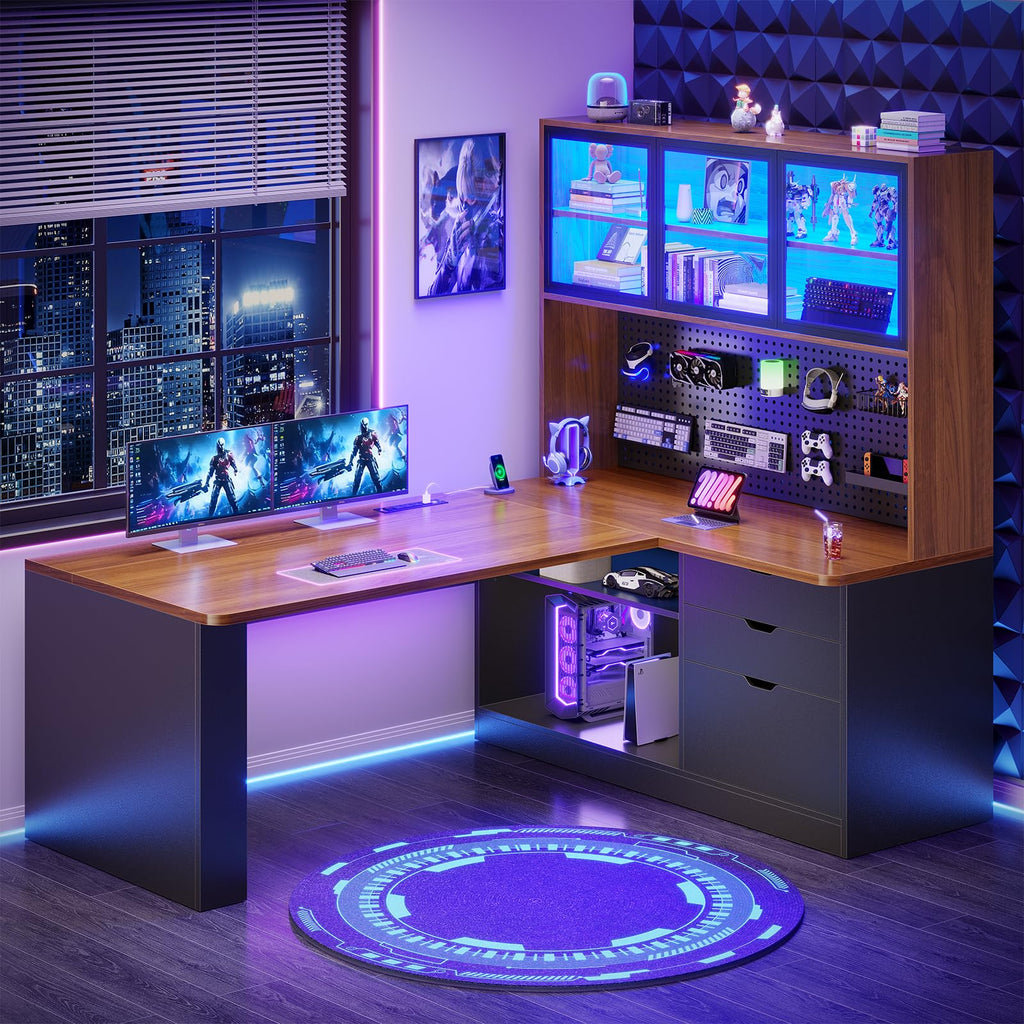 L Shaped Computer Desk with Drawer and Bookshelf O596374