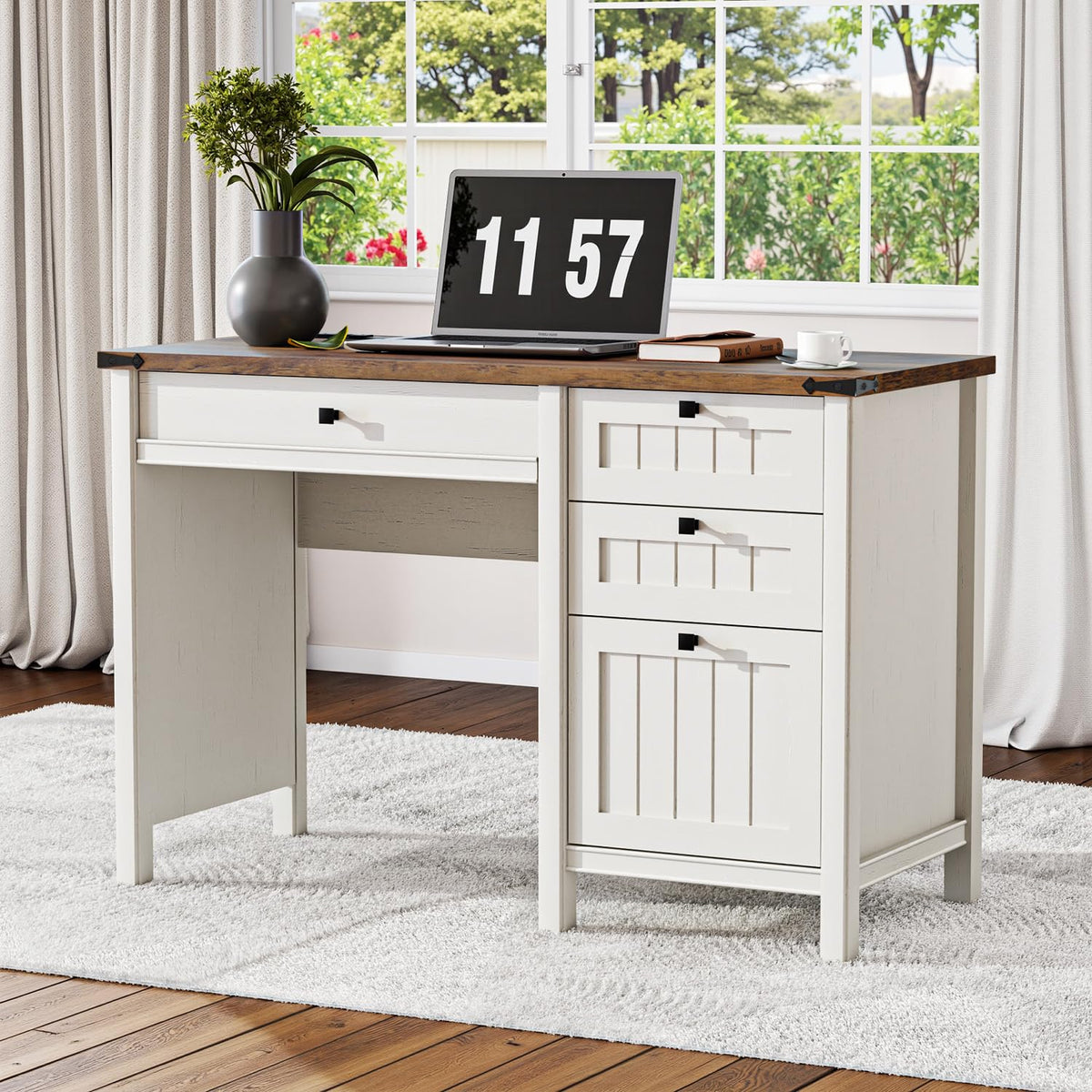 White Desk with Outlets & File Drawer D842702