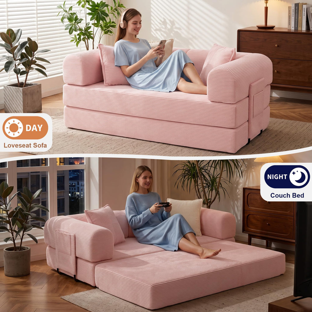 Pink Convertible Futon Sofa Bed with 3 Pillows K52277