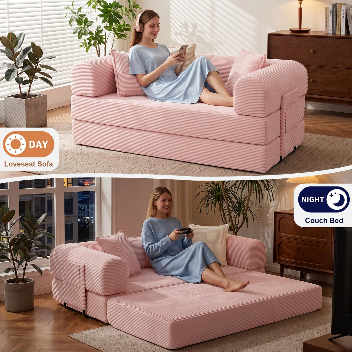 Pink Convertible Futon Sofa Bed with 3 Pillows K52277