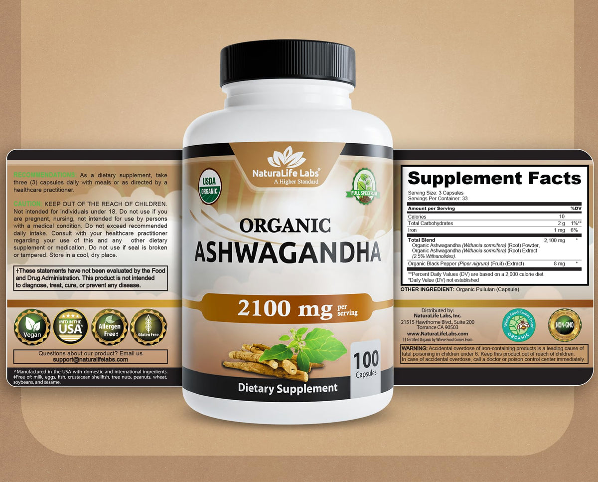 Organic Ashwagandha 2100 mg 100 Capsules Vegan Non-GMO Gluten-Free W316