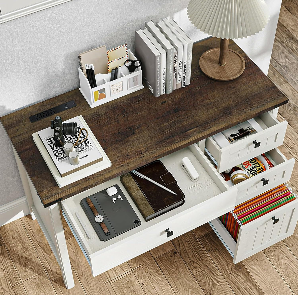 White Desk with Outlets & File Drawer D842702