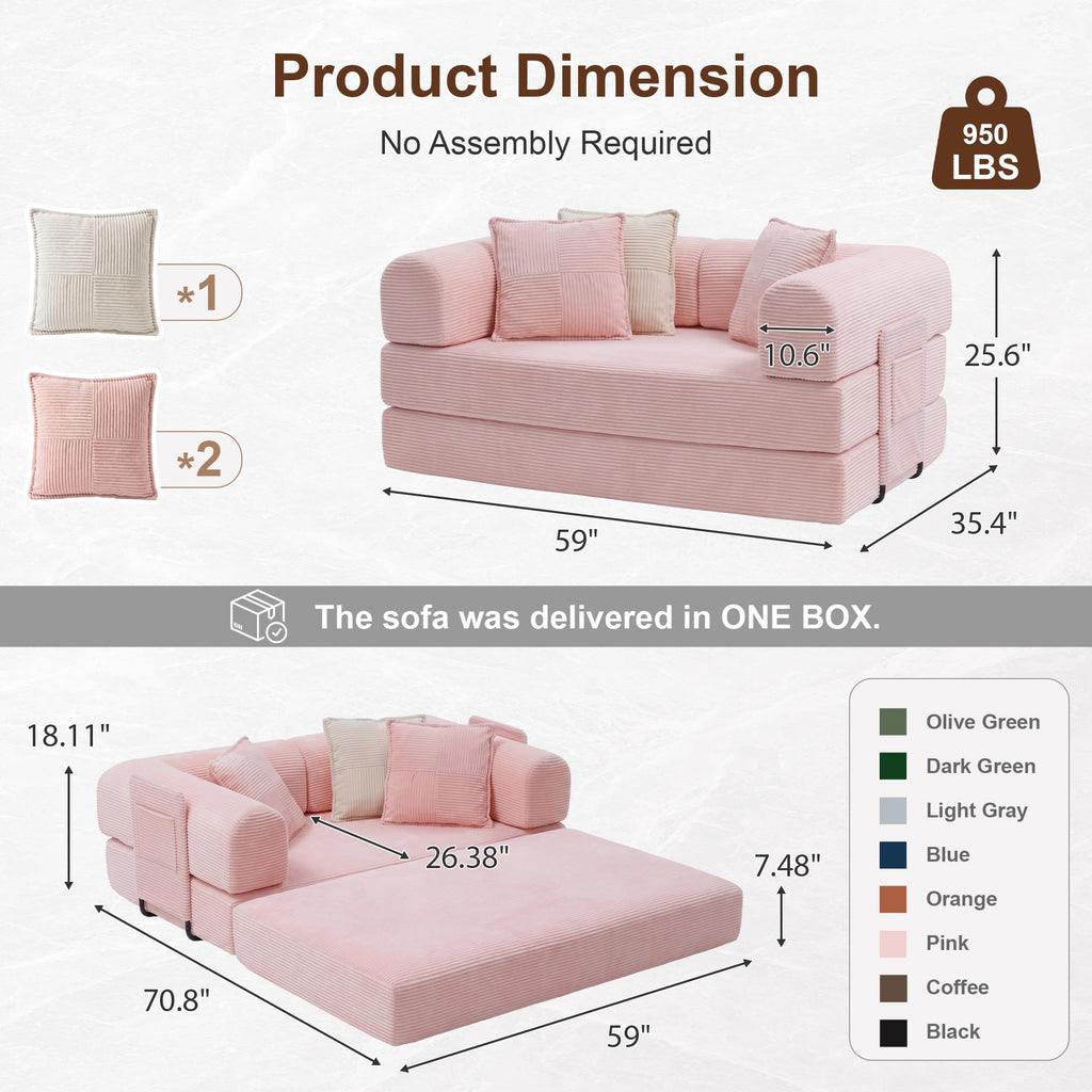 Pink Convertible Futon Sofa Bed with 3 Pillows K52277