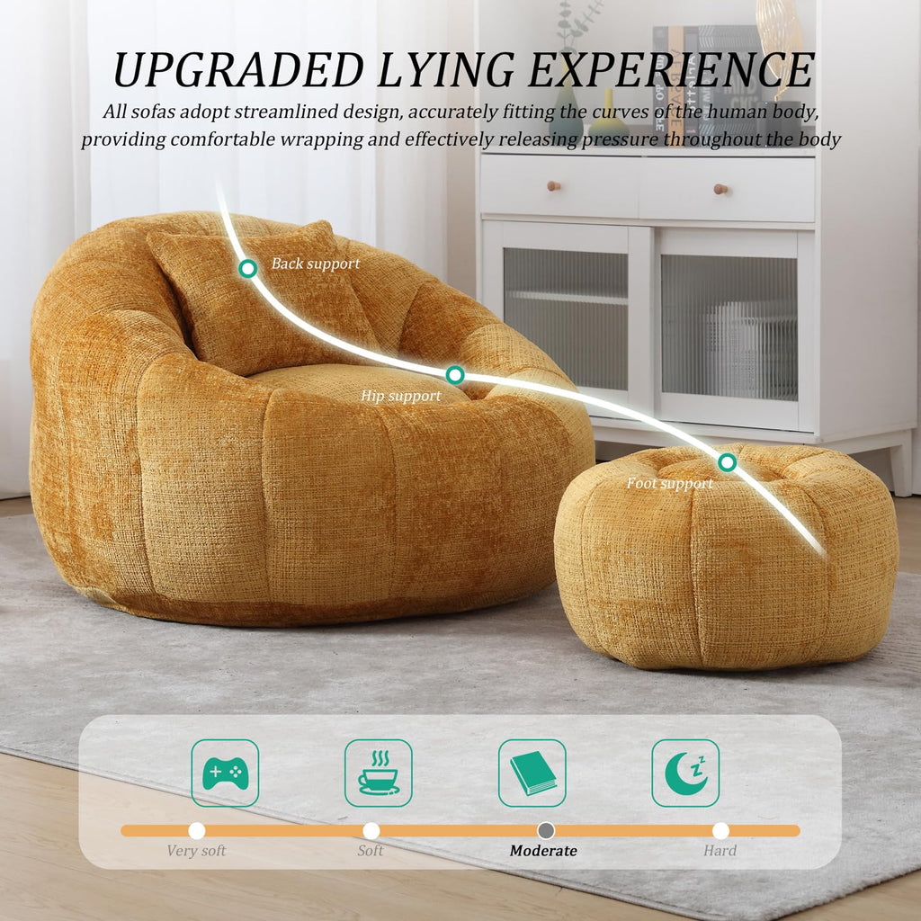 Yellow Chenille Bean Bag Chair with Ottoman and Pillow E73595