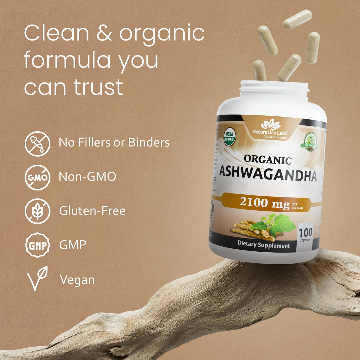 Organic Ashwagandha 2100 mg 100 Capsules Vegan Non-GMO Gluten-Free W316