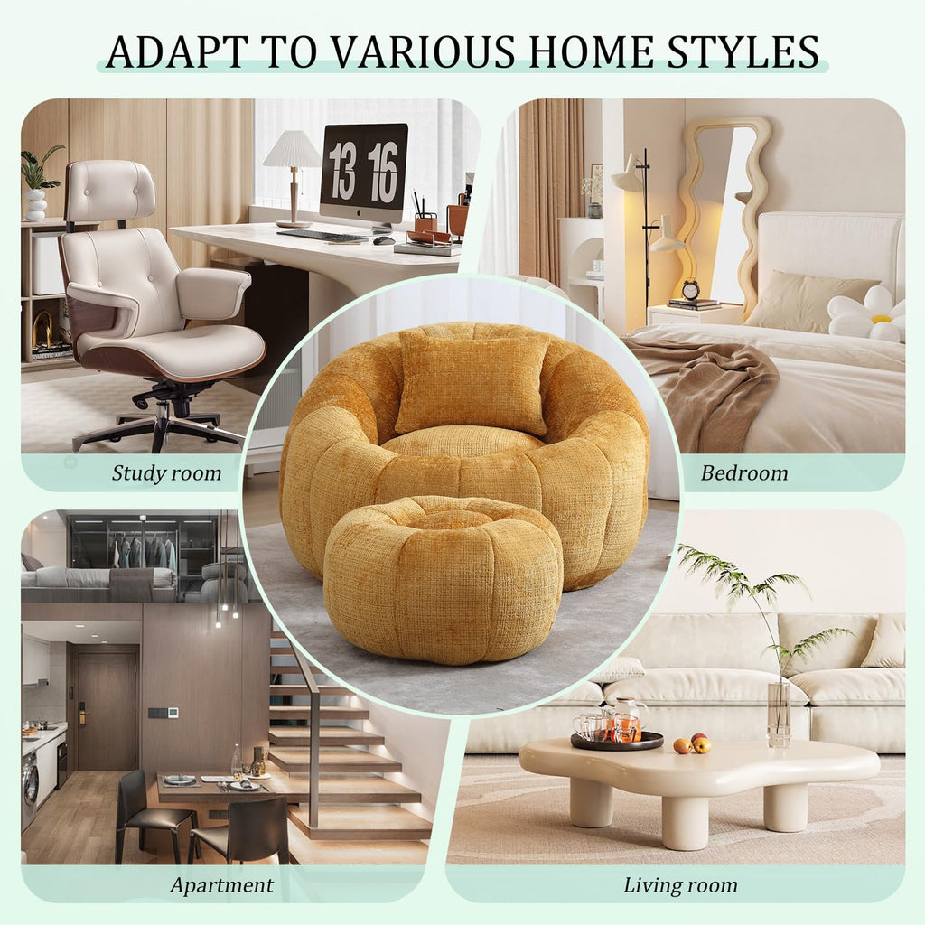 Yellow Chenille Bean Bag Chair with Ottoman and Pillow E73595
