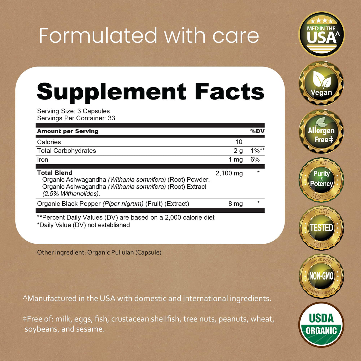 Organic Ashwagandha 2100 mg 100 Capsules Vegan Non-GMO Gluten-Free W316