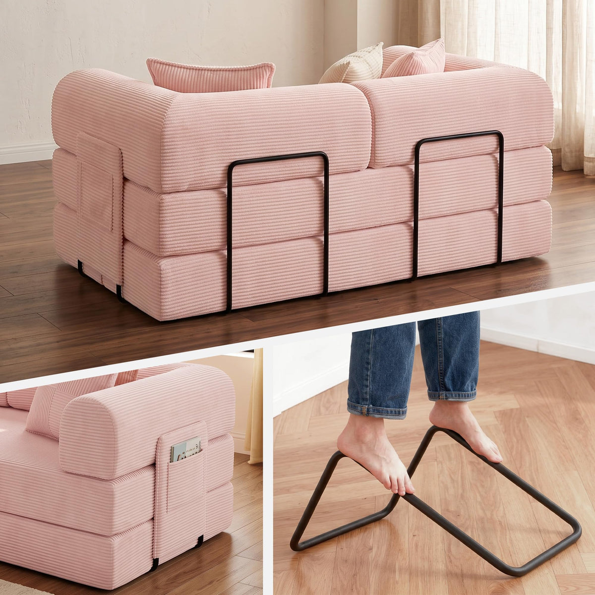 Pink Convertible Futon Sofa Bed with 3 Pillows K52277