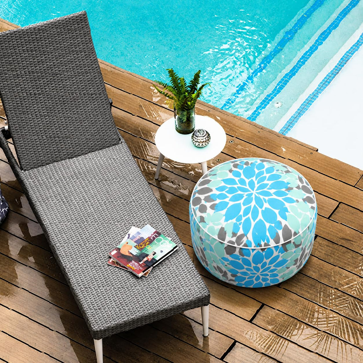 Inflatable Outdoor Ottoman 21"x21"x9", UV Fade Resistant Foot Stool, Portable Water Repellent with Carry Handle Teal V470380