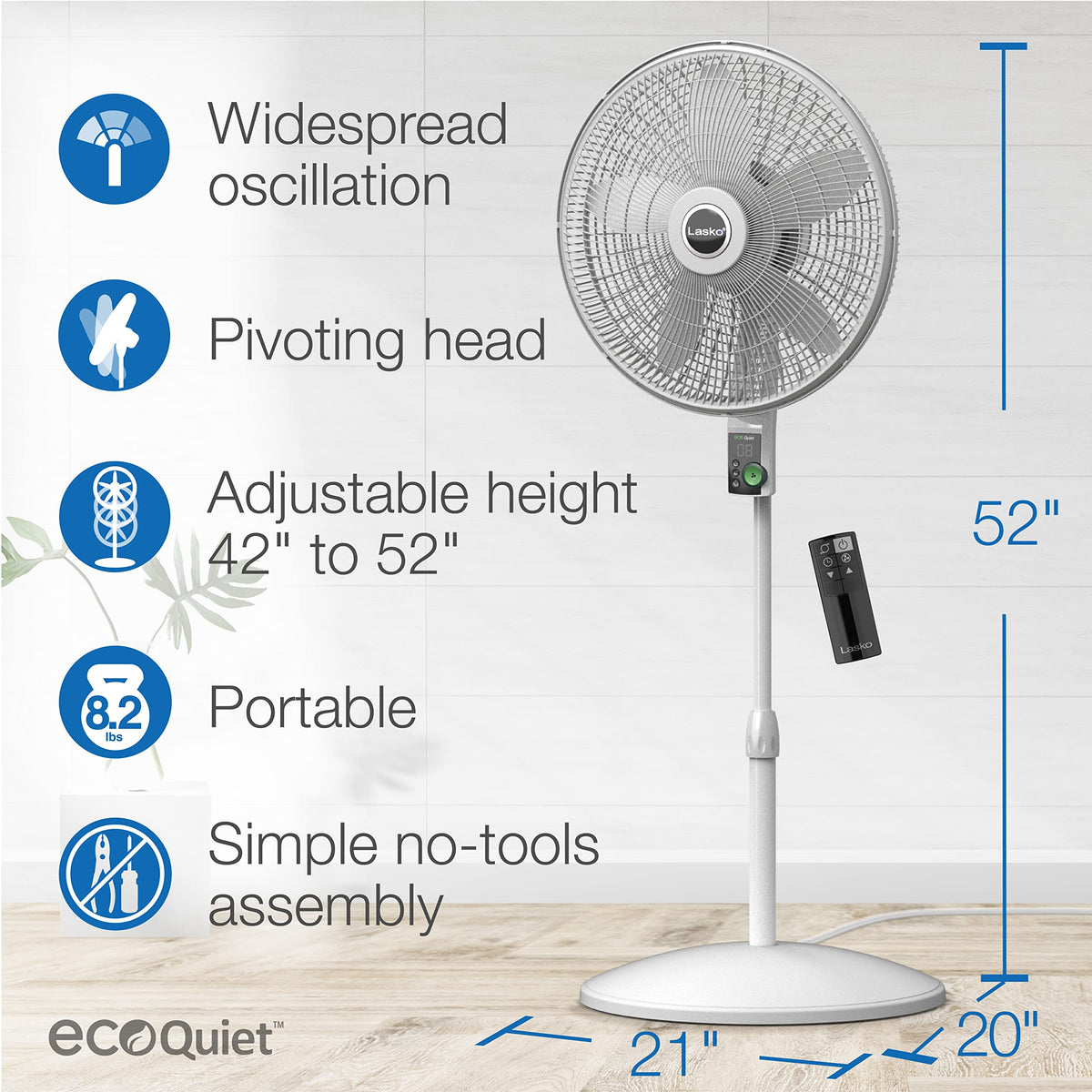 Oscillating Pedestal Fan with 12 Speeds, 8 Hour Timer, Adjustable Height, Remote Control, White Z167015