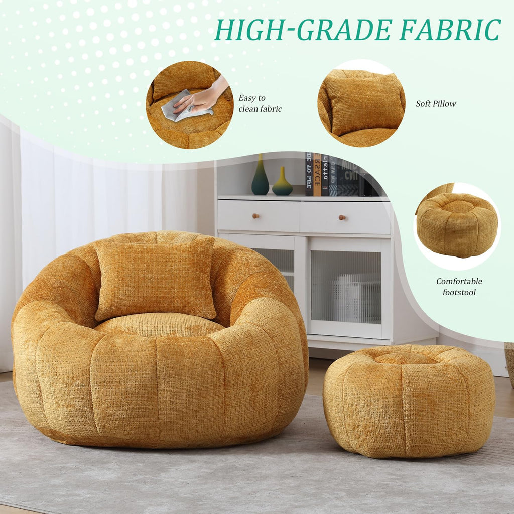 Yellow Chenille Bean Bag Chair with Ottoman and Pillow E73595