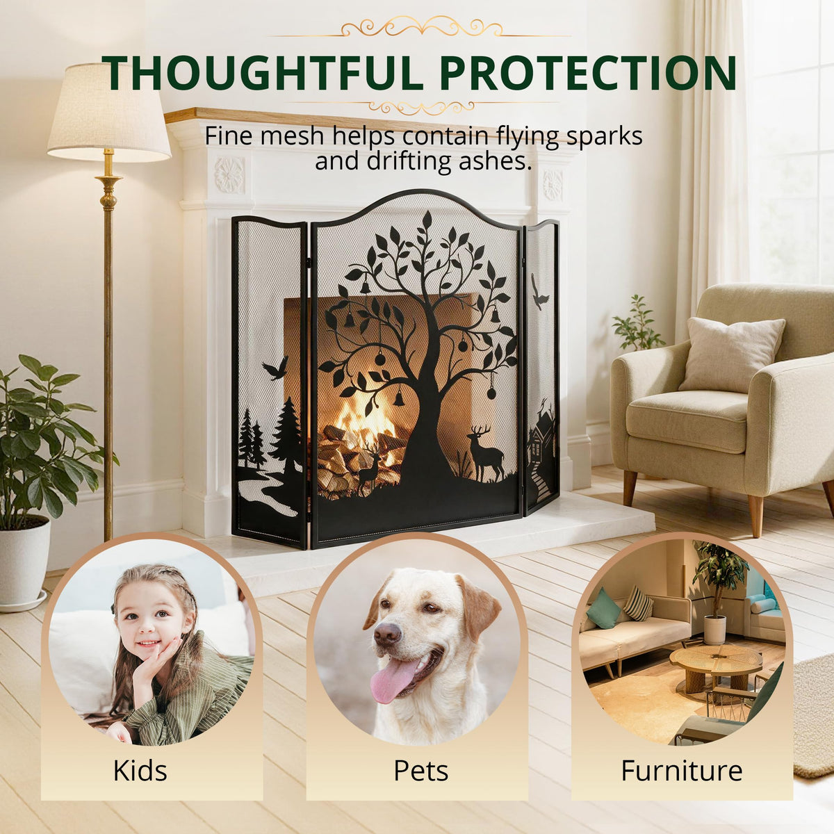 50" x 36" 3-Panel Tree Pattern Fireplace Screen I563