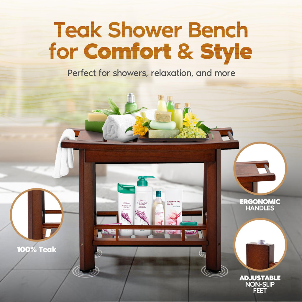 21" Teak Shower Bench with Storage Shelf E2360