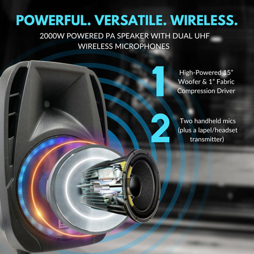 15" 2000W Portable PA Speaker System with Wireless Microphones O534763