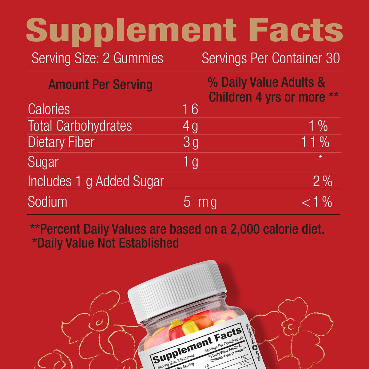 Vegan Fiber Gummies 3g Prebiotic Inulin Non-GMO Gluten-Free 30 Servings O364