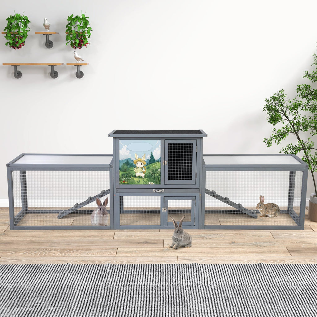94.5" 2-Story Wooden Rabbit Hutch with Pull-Out Tray G2089