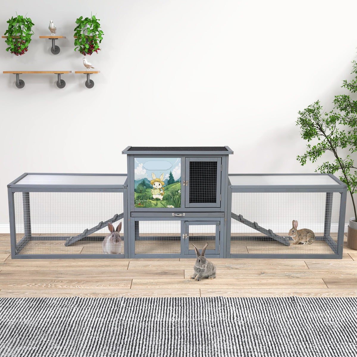 94.5" 2-Story Wooden Rabbit Hutch with Pull-Out Tray G2089