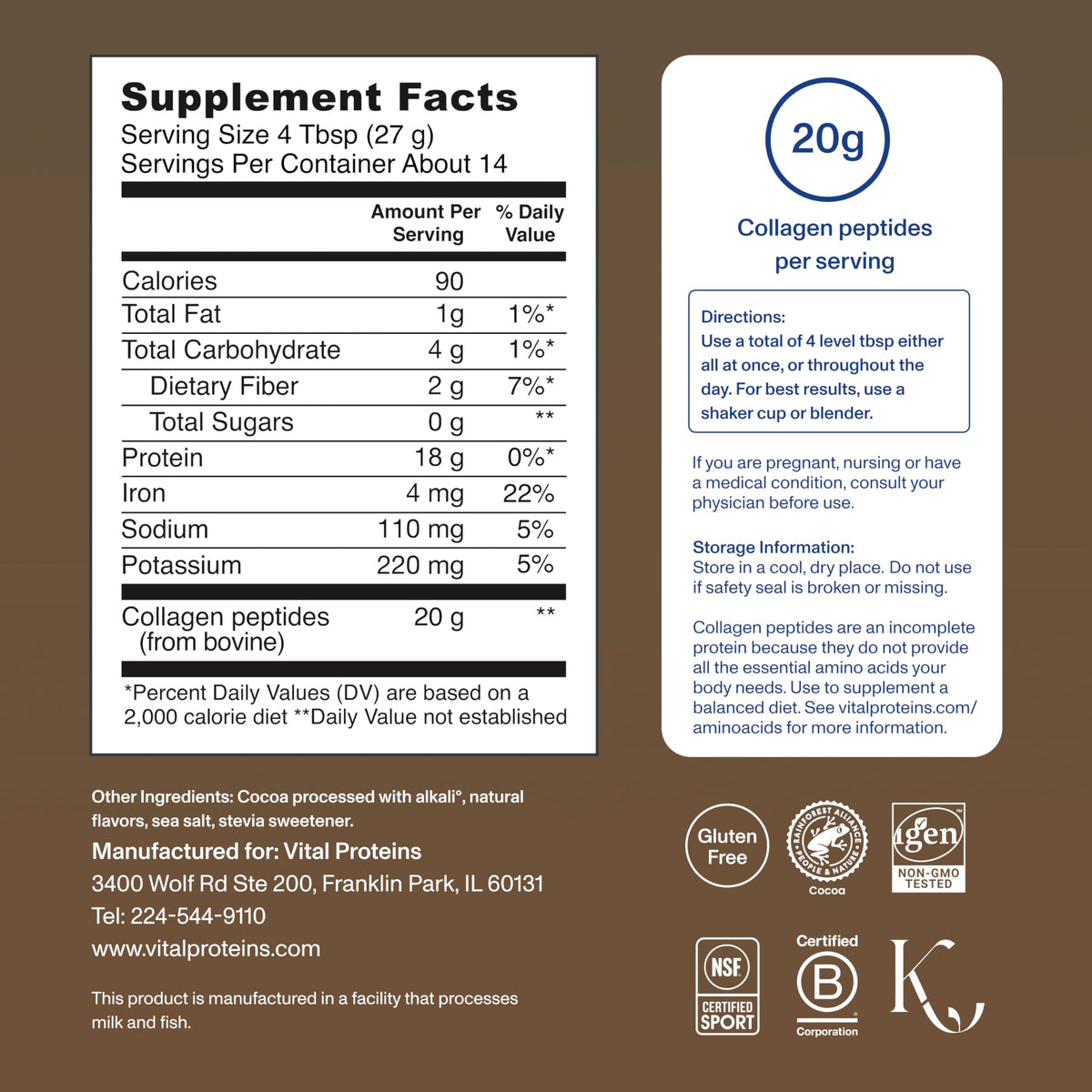 Collagen Peptides Powder, Chocolate, 13.5oz V2241