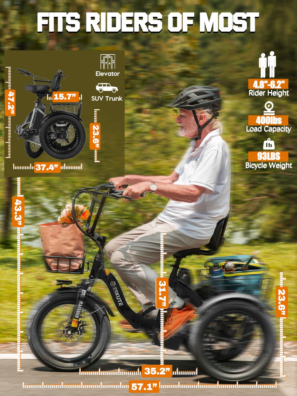 Electric Tricycle Bike 1200W Folding 3 Wheel Bicycle C517