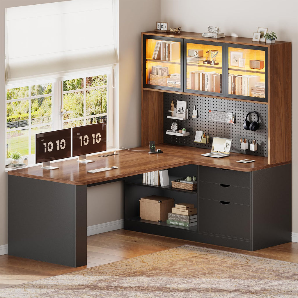 L Shaped Computer Desk with Drawer and Bookshelf O596374