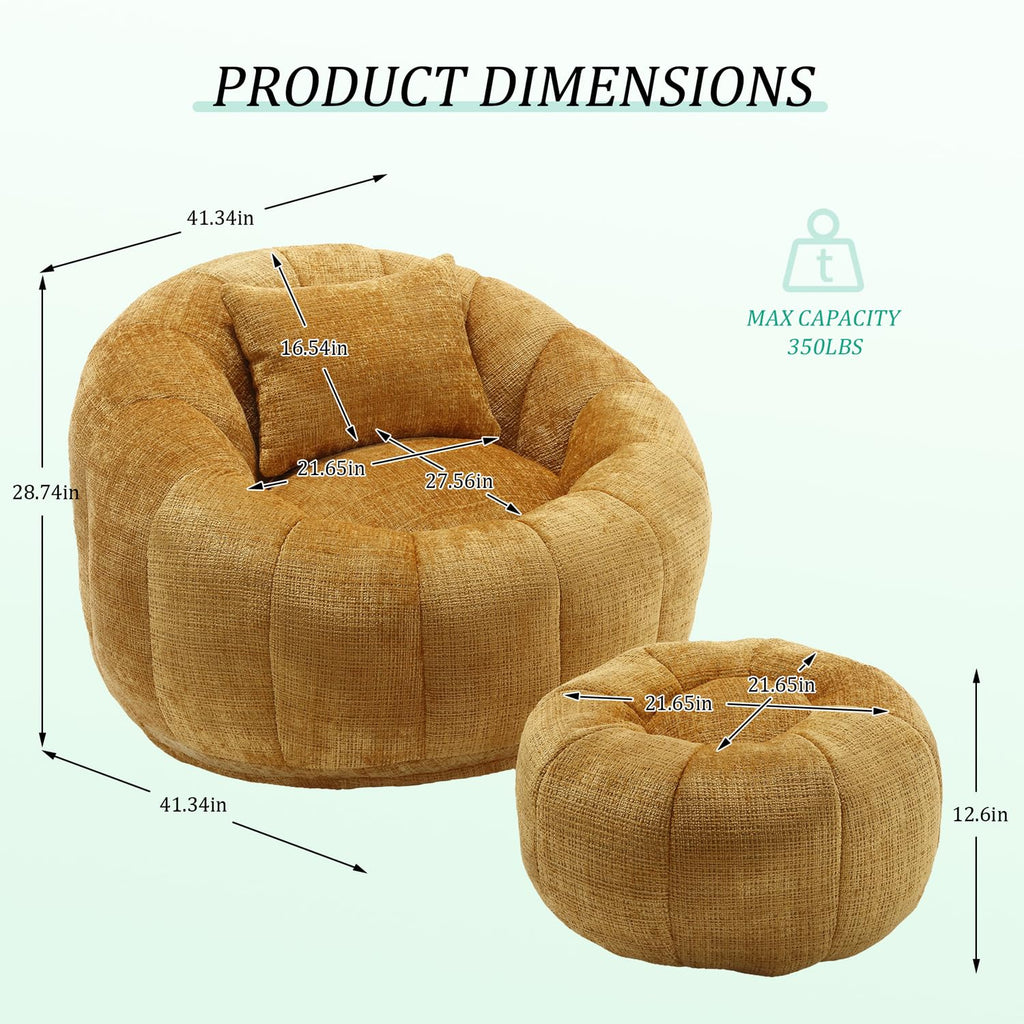 Yellow Chenille Bean Bag Chair with Ottoman and Pillow E73595