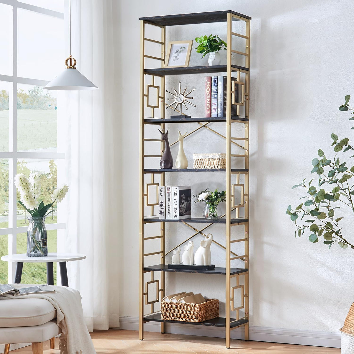 7-Tier Black Gold Metal Bookcase N9364