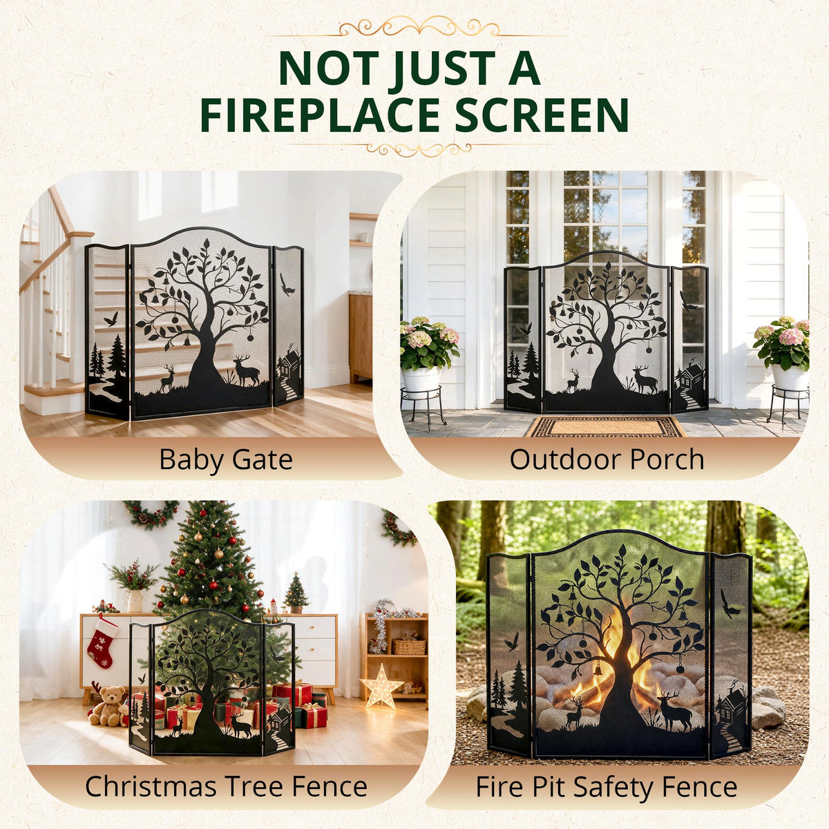 50" x 36" 3-Panel Tree Pattern Fireplace Screen I563