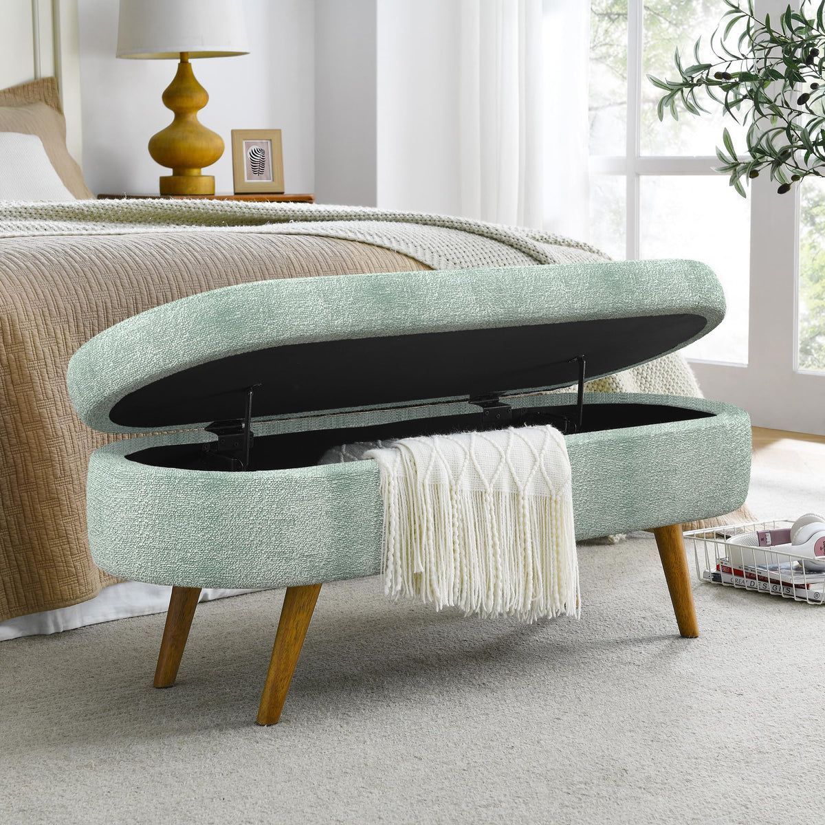 Oval Storage Bench with Rubber Wood Legs Gray B4851
