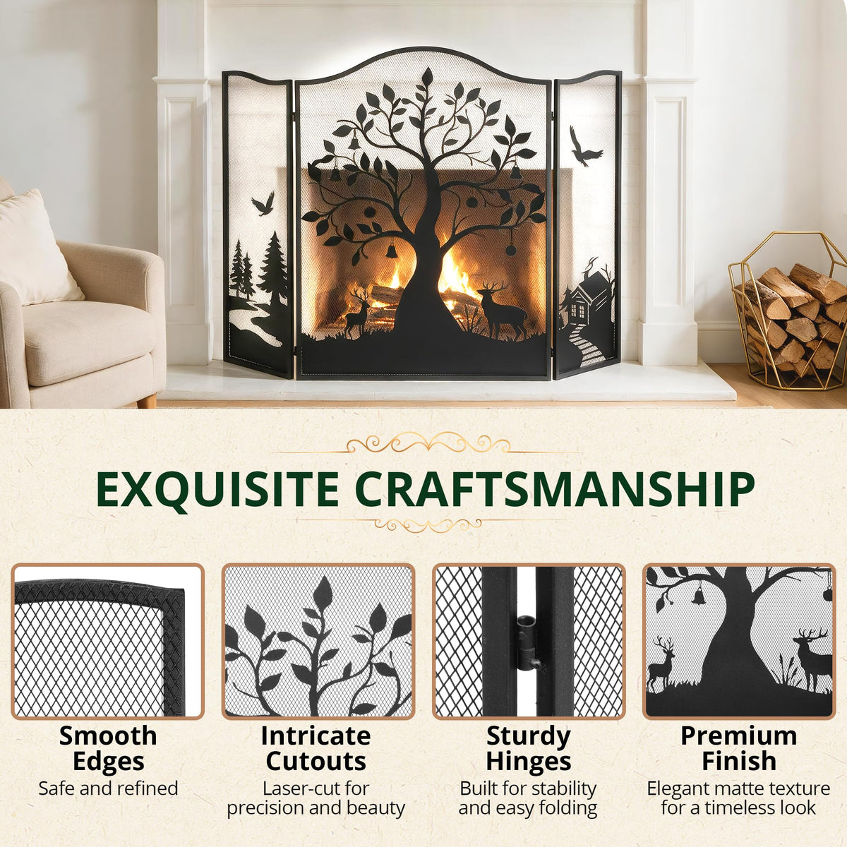 50" x 36" 3-Panel Tree Pattern Fireplace Screen I563