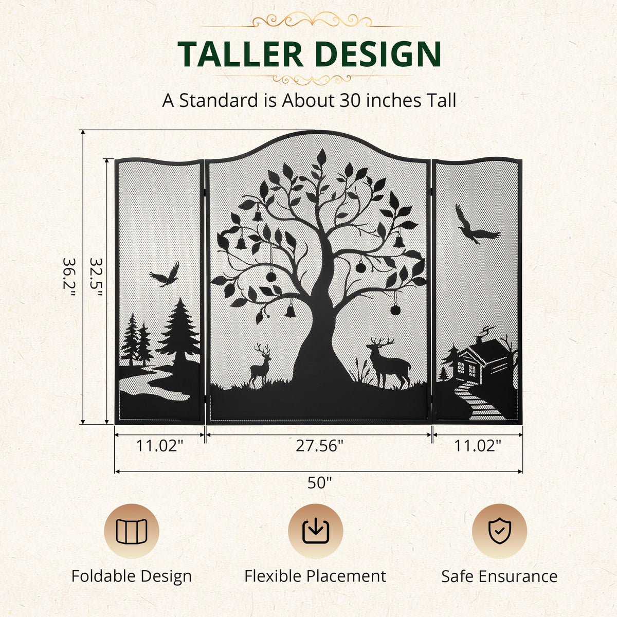 50" x 36" 3-Panel Tree Pattern Fireplace Screen I563