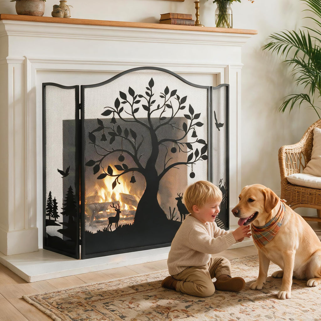50" x 36" 3-Panel Tree Pattern Fireplace Screen I563