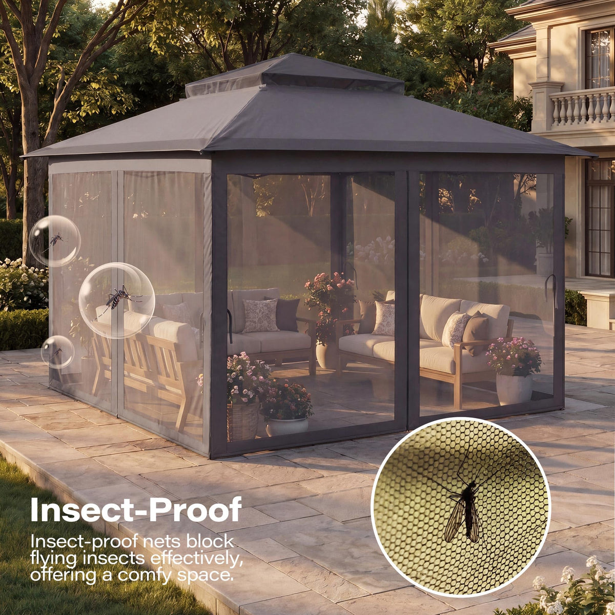 12x12 Pop Up Gazebo with Mosquito Netting and Sidewalls Grey Y6970