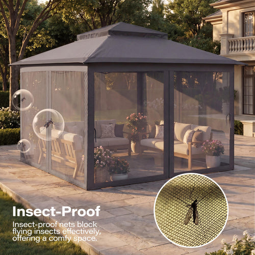 12x12 Pop Up Gazebo with Mosquito Netting and Sidewalls Grey Y6970