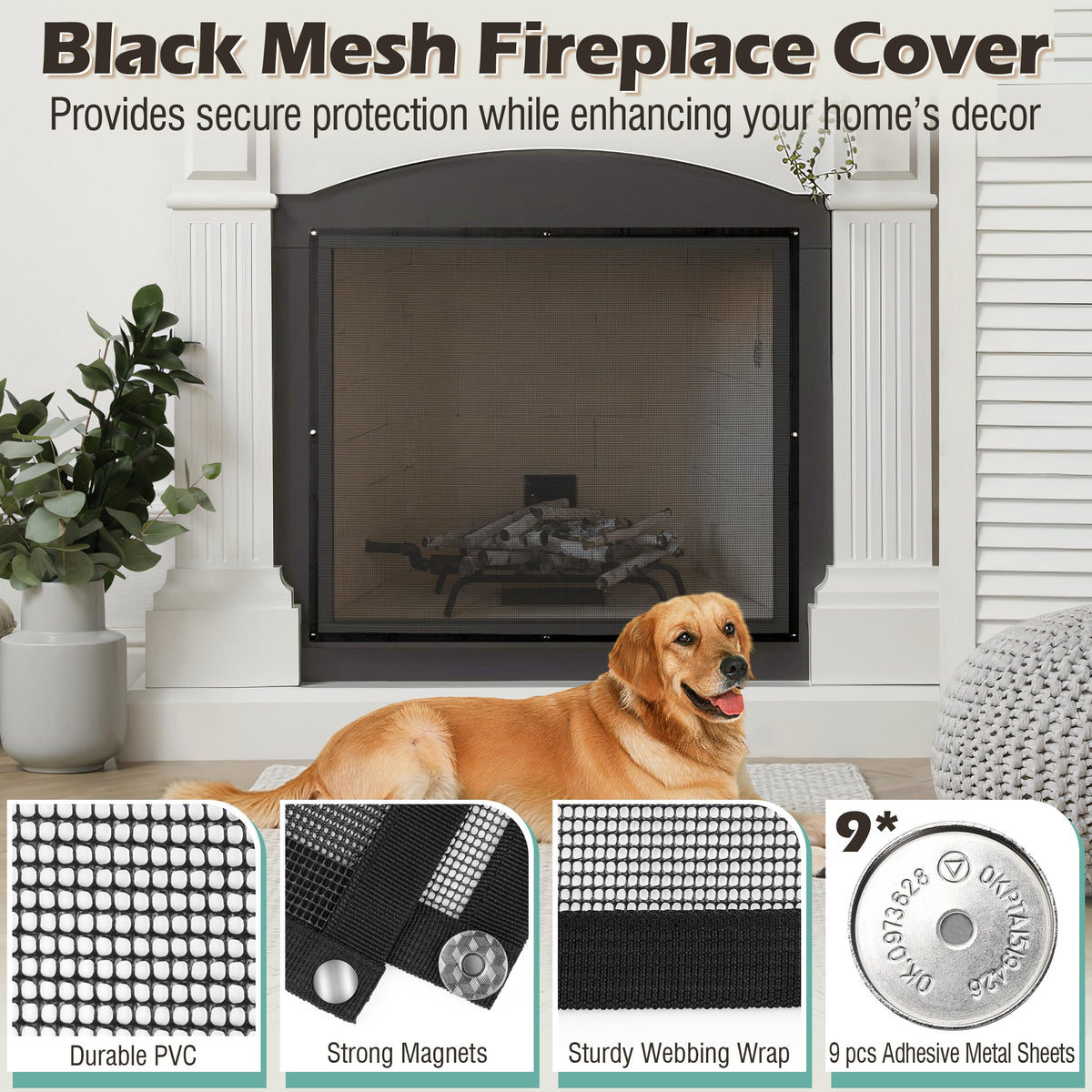 Black Magnetic Mesh Fireplace Cover H8048