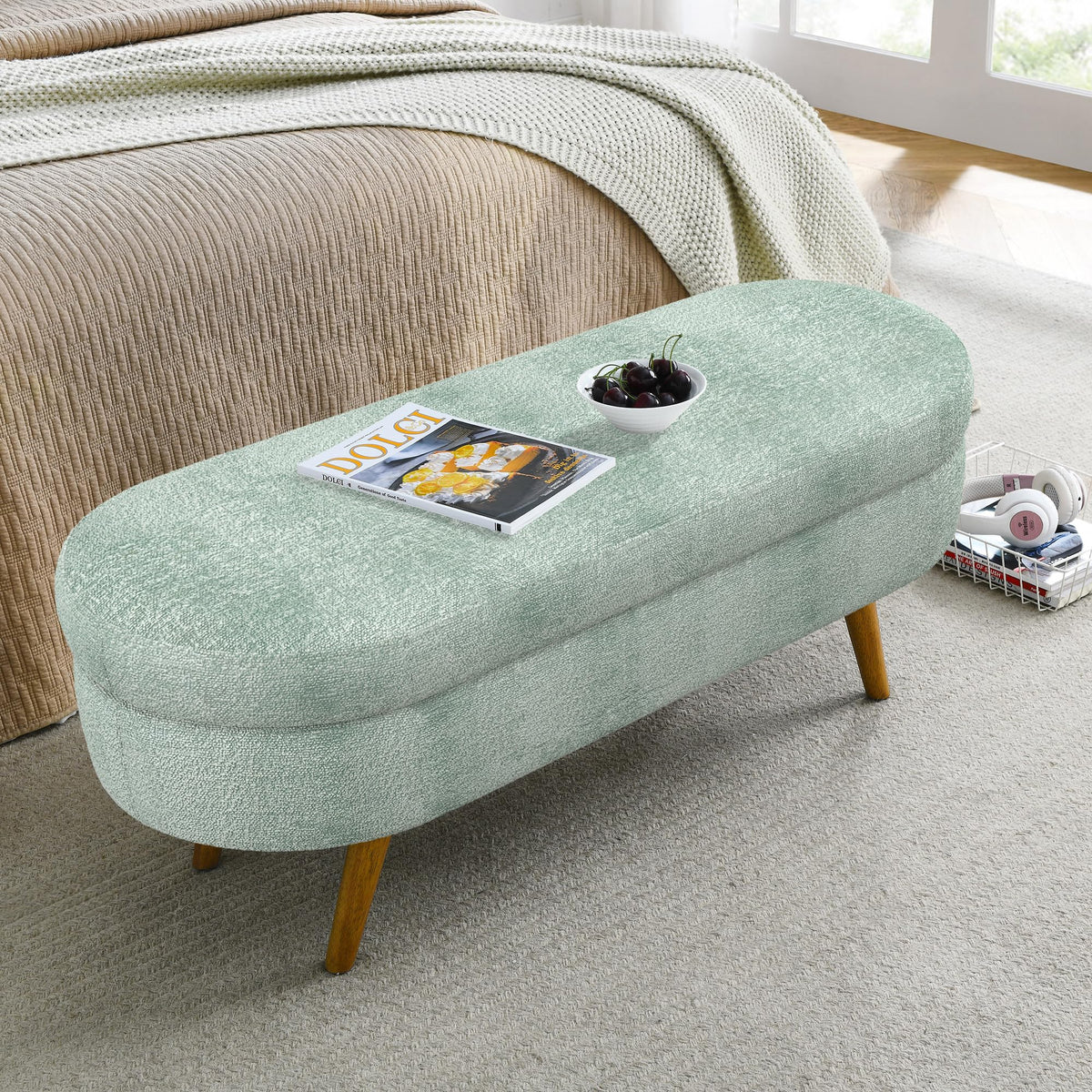 Oval Storage Bench with Rubber Wood Legs Gray B4851