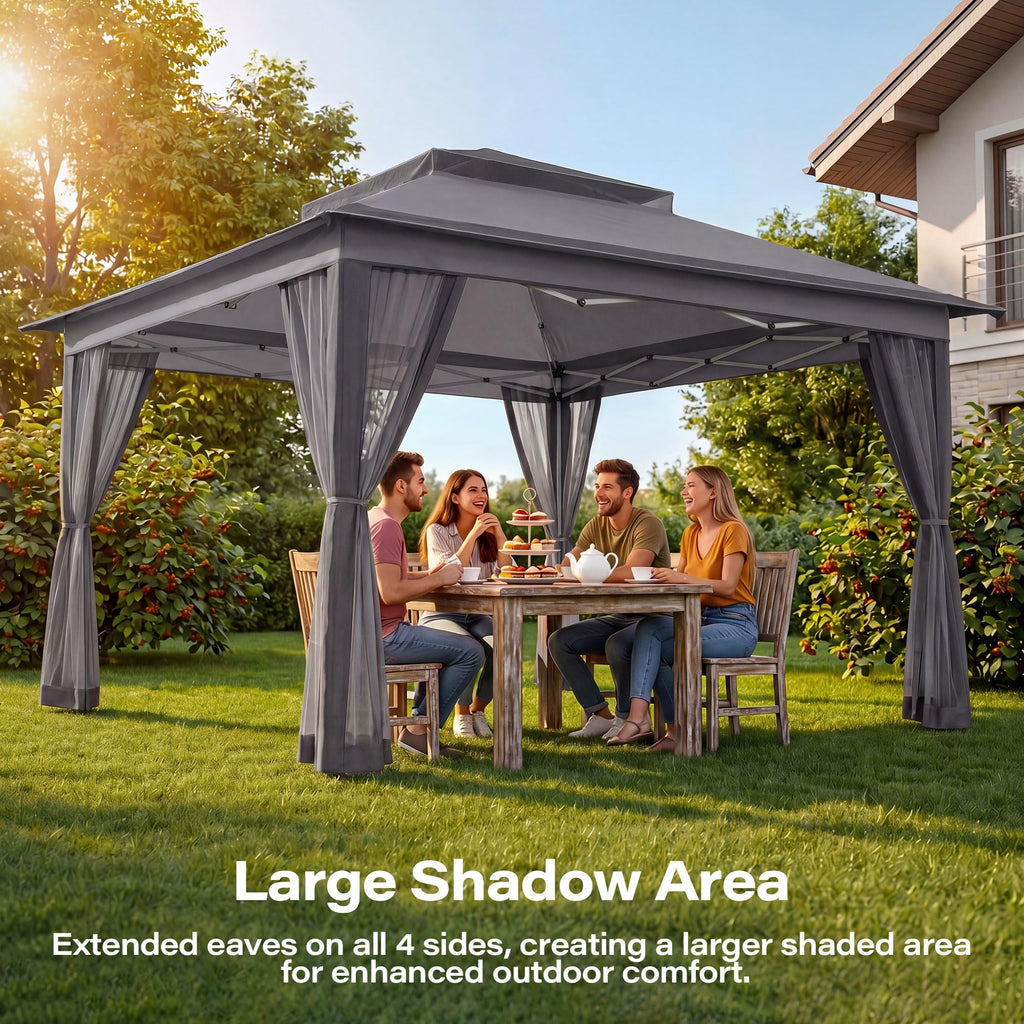 12x12 Pop Up Gazebo with Mosquito Netting and Sidewalls Grey Y6970