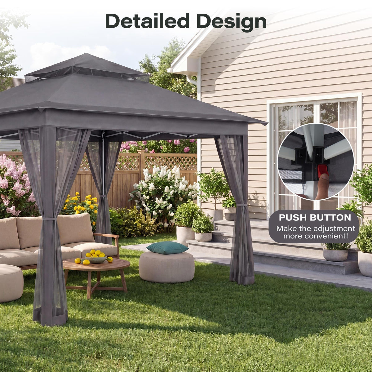 12x12 Pop Up Gazebo with Mosquito Netting and Sidewalls Grey Y6970