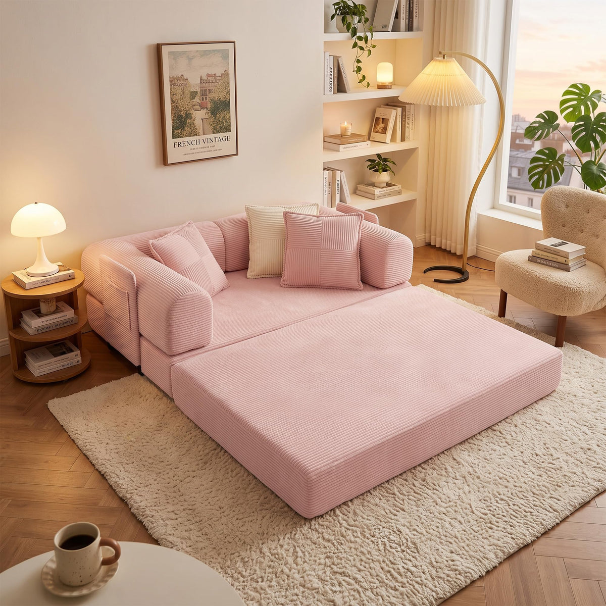 Pink Convertible Futon Sofa Bed with 3 Pillows K52277