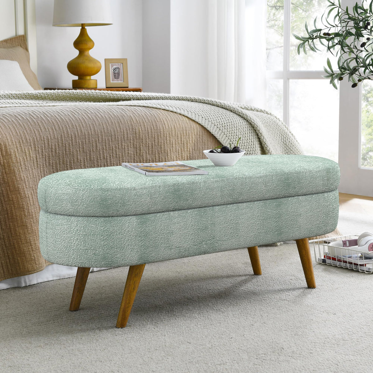 Oval Storage Bench with Rubber Wood Legs Gray B4851