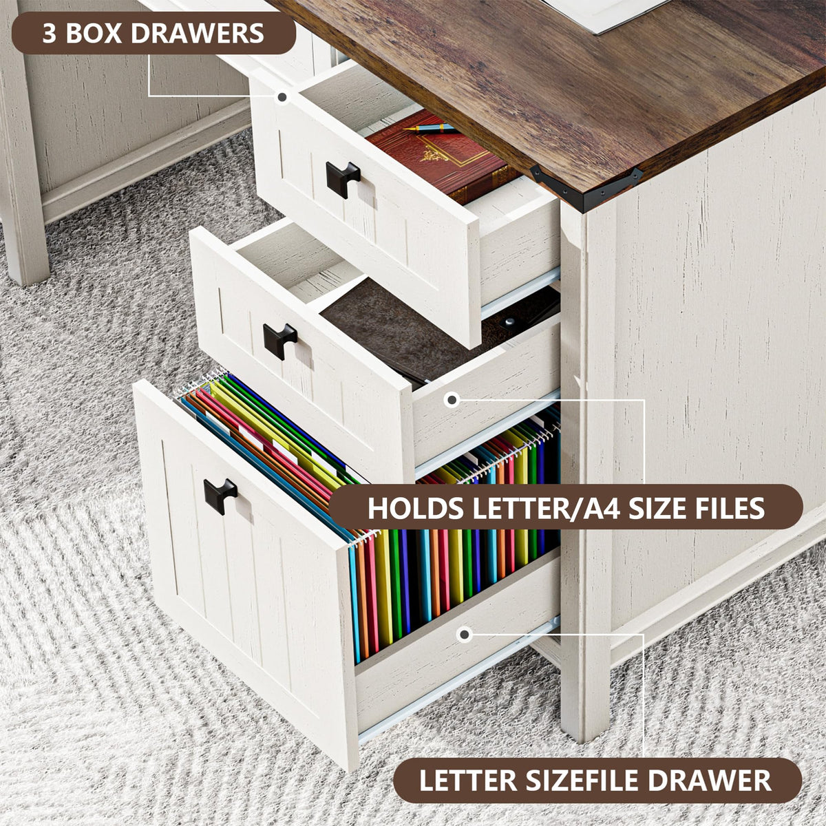 White Desk with Outlets & File Drawer D842702